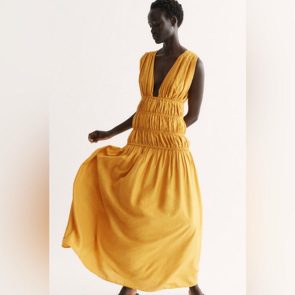 NWT H&M Smocked Viscose Blend Dress in Dark Yellow